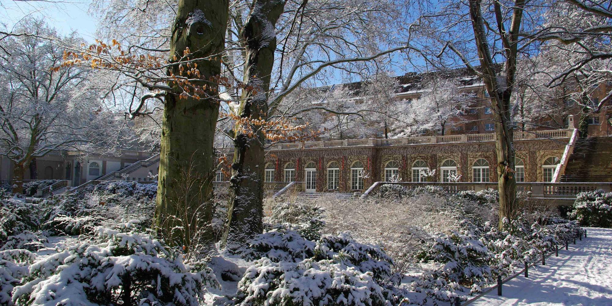 Blick auf die Orangerie im winterlichen Körnerpark mit Schnee und Sonne